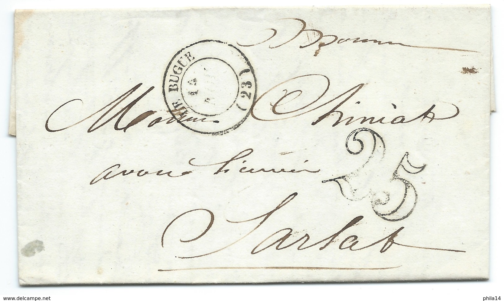 MARQUE POSTALE LE BUGUE DORDOGNE POUR SARLAT / 1852 / TAXE 25 DOUBLE TRAIT - 1849-1876: Période Classique