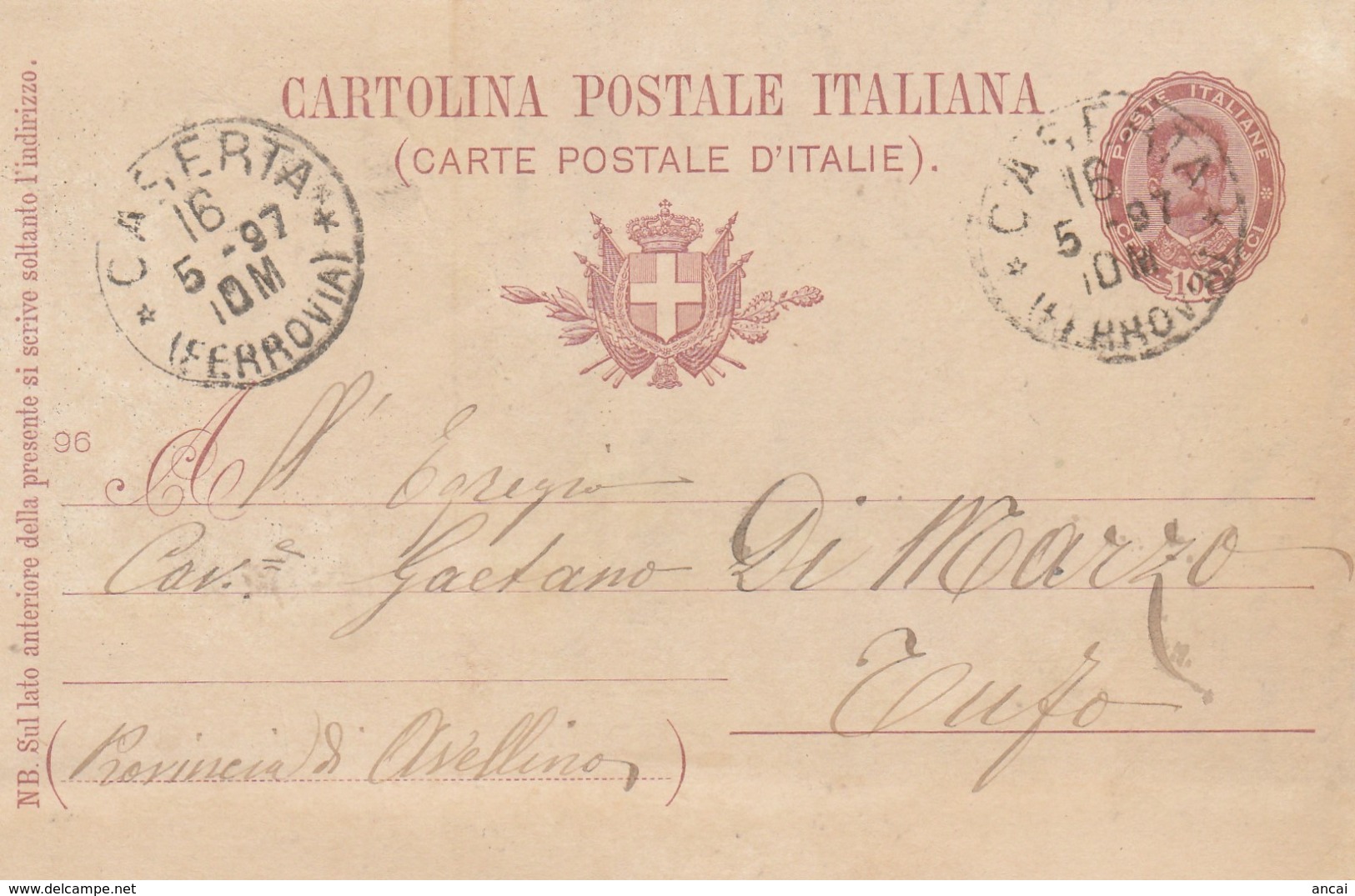 Caserta. 1897. Annullo Grande Cerchio CASERTA (FERROVIA), Su Cartolina Postale - Storia Postale