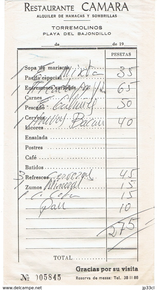 Factura Vieja Del Restaurante Camara, Playa Del Bajondillo, Torremolinos, (7/1973) - Spanien