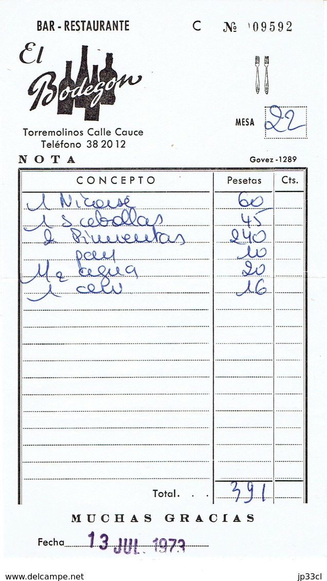 Factura Vieja Del Bar-restaurante El Bodegon, Calle Cauce, Torremolinos (13/7/1973) - Spanien