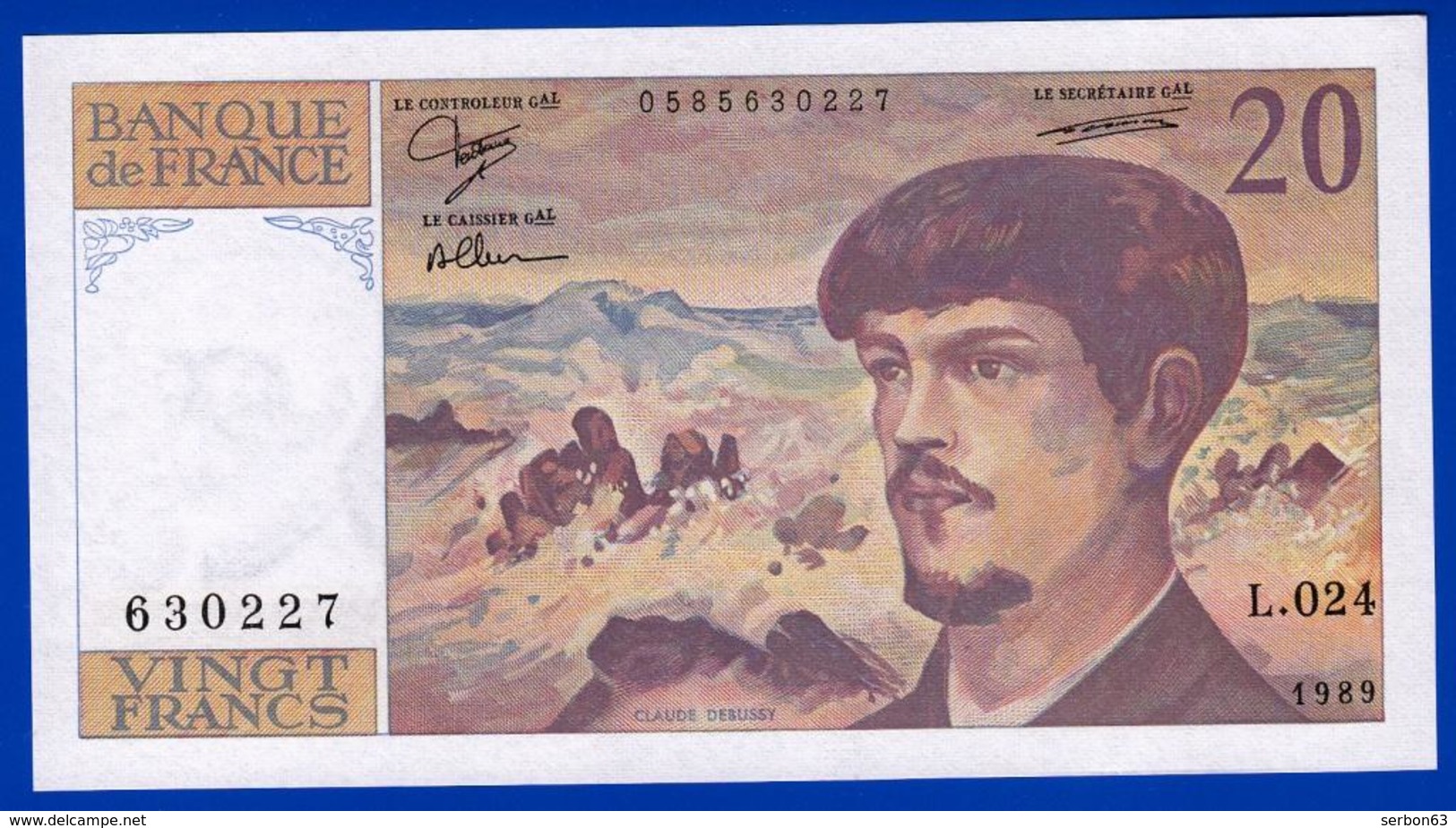 20 FRANCS DEBUSSY NEUF PAS DE TROU L.024 N° 630227 ANNÉE 1989 - 2 SCAN - Serbon63 - 20 F 1980-1997 ''Debussy''