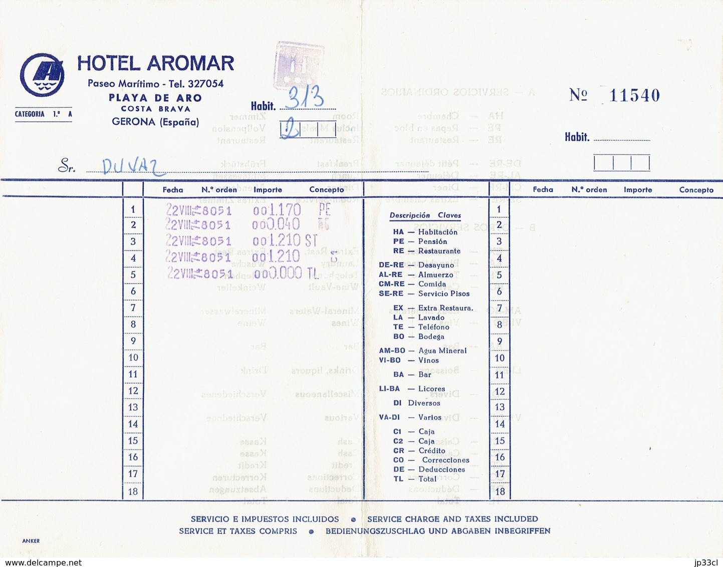 Factura Vieja Del Hotel Aromar, Paseo Maritima, Playa De Aro (22/8/1974) - Spain