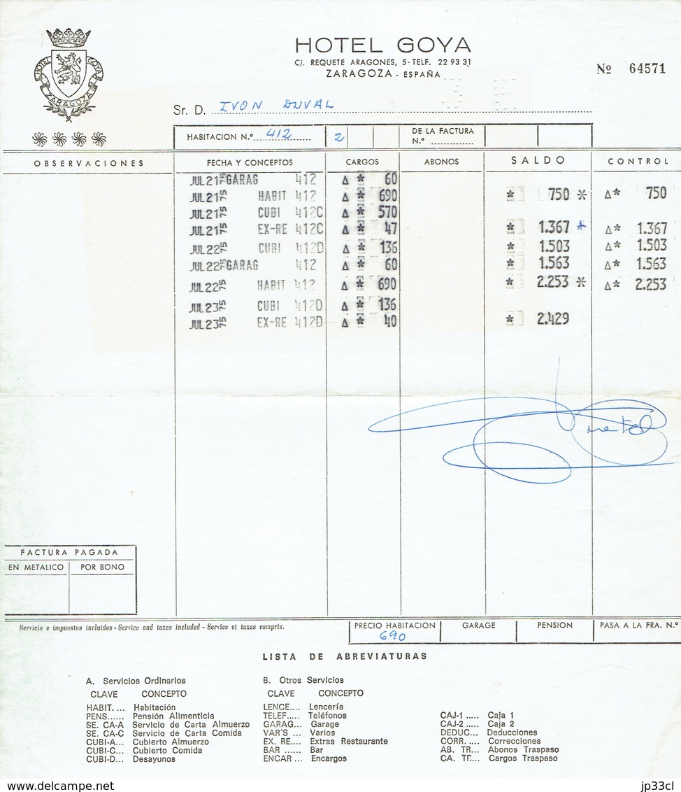 Factura Vieja Del Hotel Goya, C/ Requete, Zaragoza (Saragosse) (21/7/1975) - España