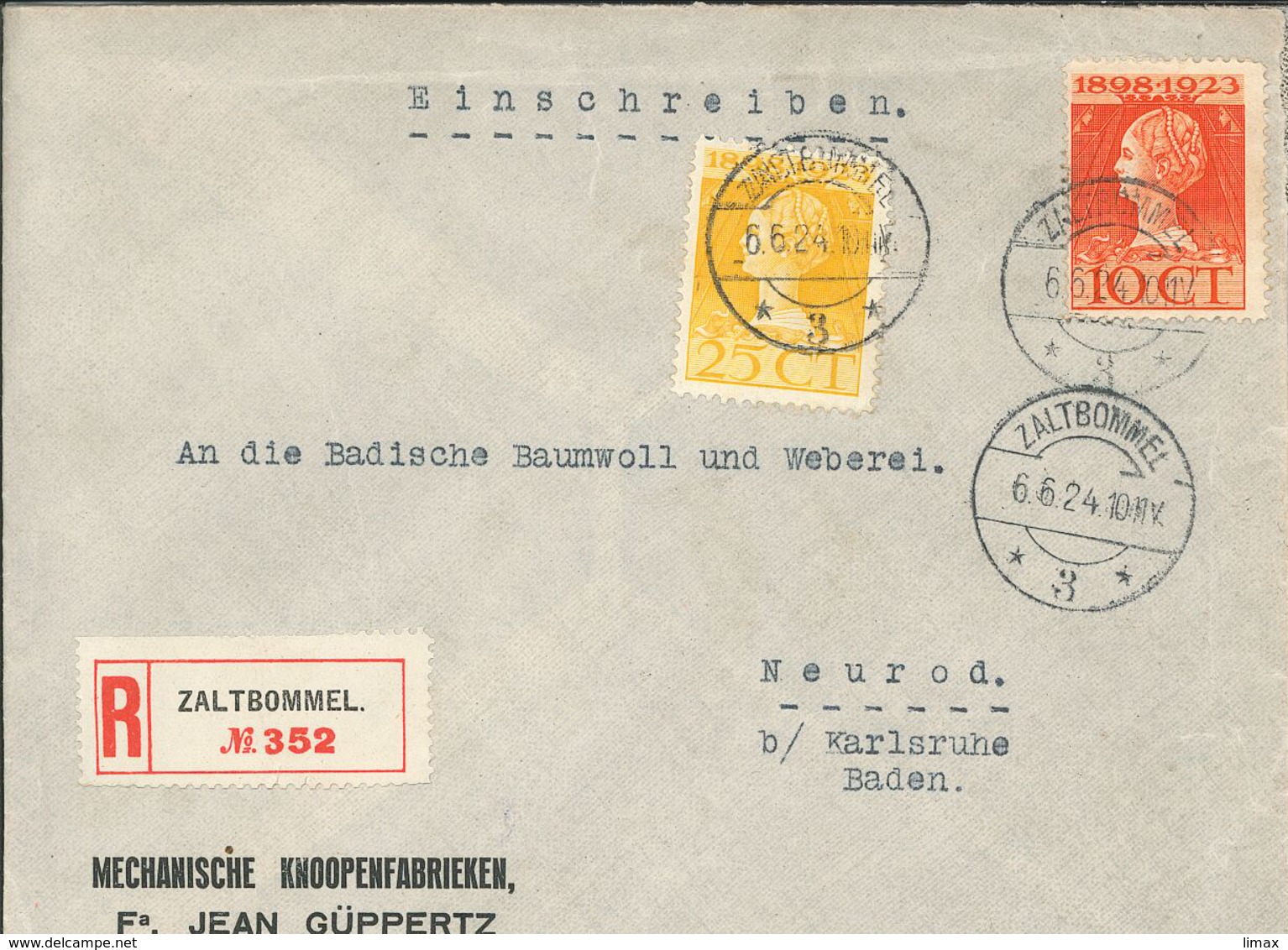 Knopffabrik Güppertz Zalt-Bommel - R-Brief Nach Karlsruhe 1924 - 25 Jahre Wilhelmina - Briefe U. Dokumente