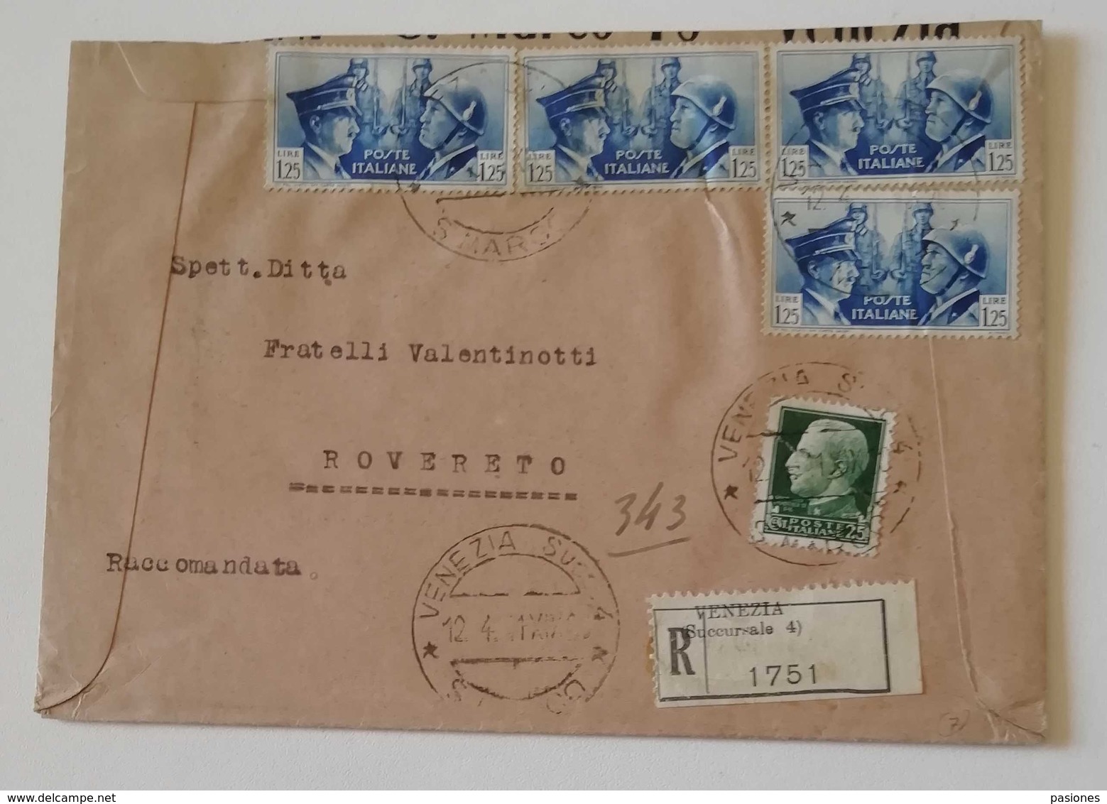 Raccomandata Venezia-Rovereto - 12/04/1941 Ambulante Milano-Bari - Poststempel