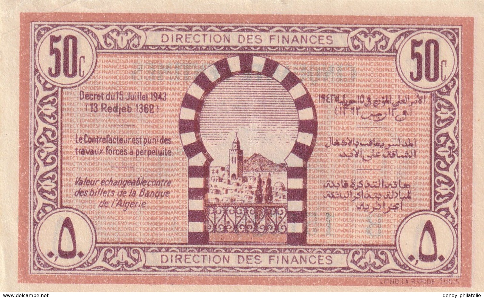 Billet De  50 Centimes Régence De Tunis Avec Un Petit Pli D'angle Et Un Pli Central - Tunisia