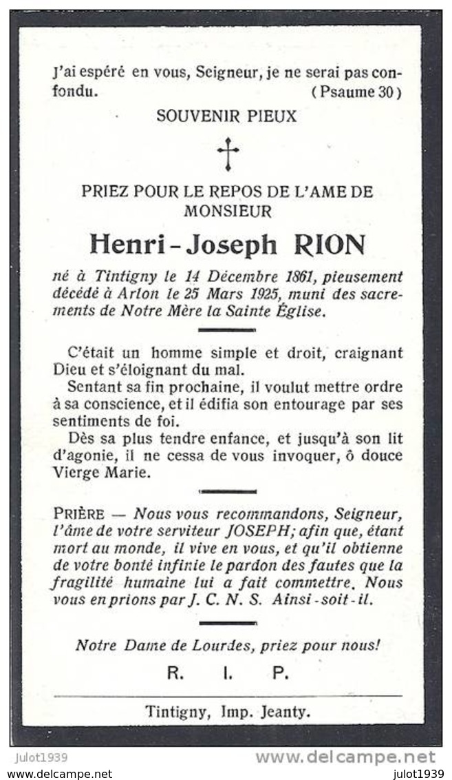 TINTIGNY ..-- Mr Henri  RION , Né En 1861 , Décédé Ven 1925 à ARLON . - Tintigny