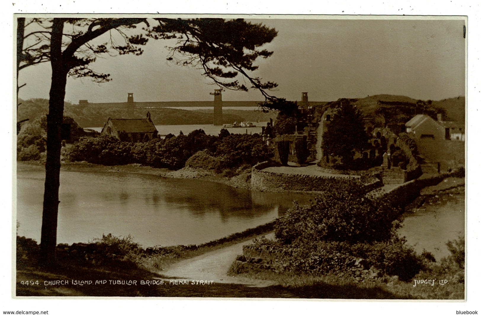 Ref 1344 - Judges Real Photo Postcard - Church Island & Tubular Bridge Menai Strait Anglesey Wales - Anglesey