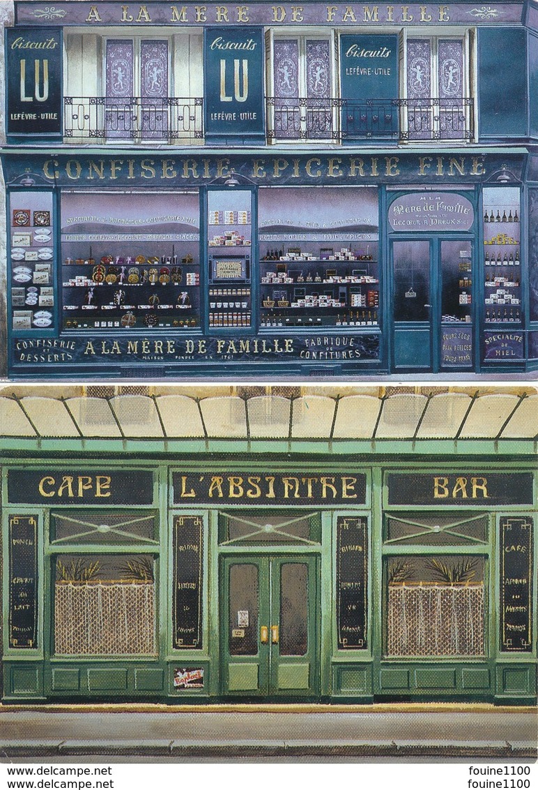 Lot 2 Cartes Devanture Confiserie épicerie Fine à La Mère De Famille / Café Bar L'absinthe  (paris Peintre André RENOUX - Sonstige & Ohne Zuordnung