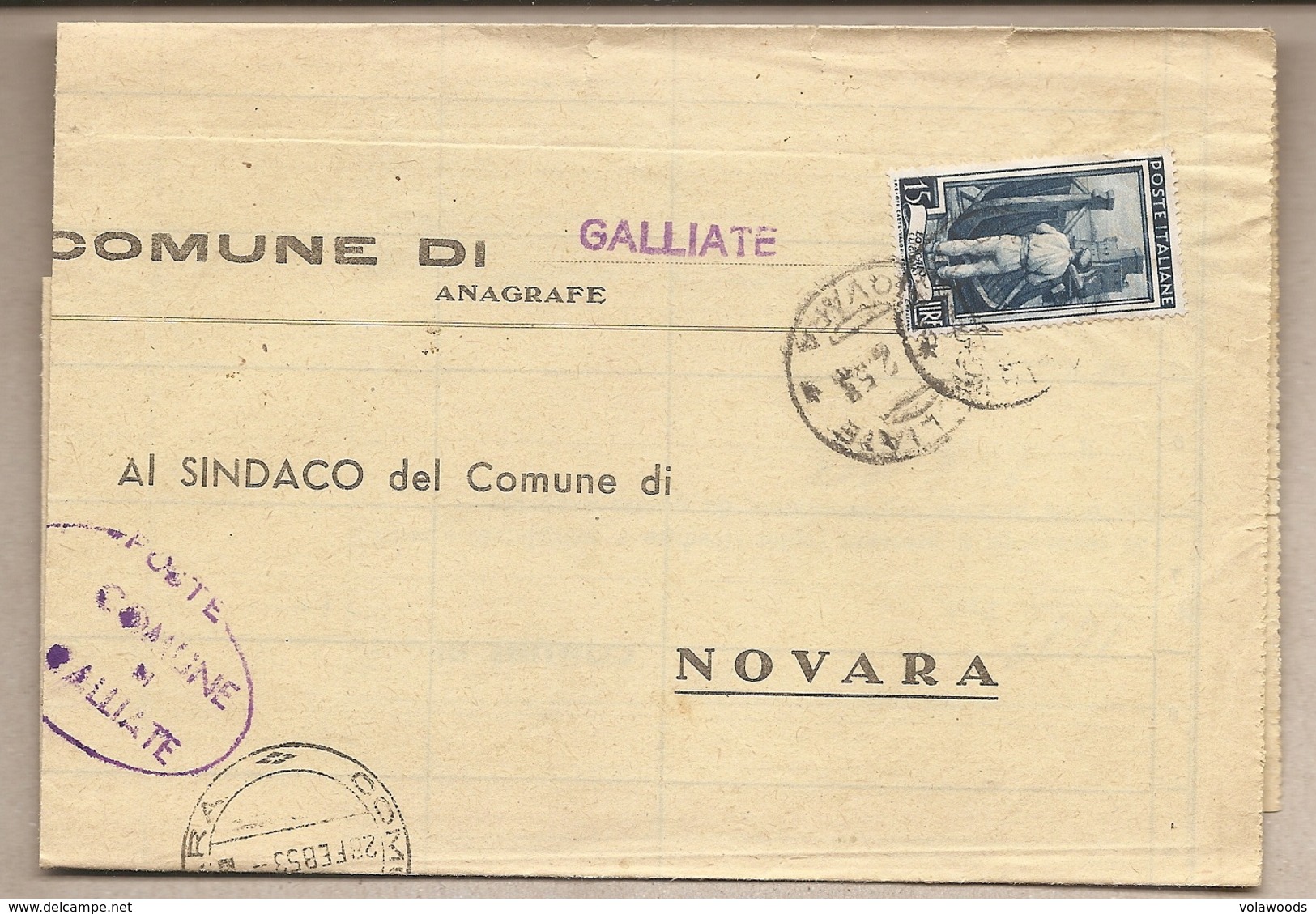 Italia - Dall'ufficio Anagrafe Del Comune Di Galliate (NO) Al Comune Di Novara - 1952 - 1946-60: Marcophilia