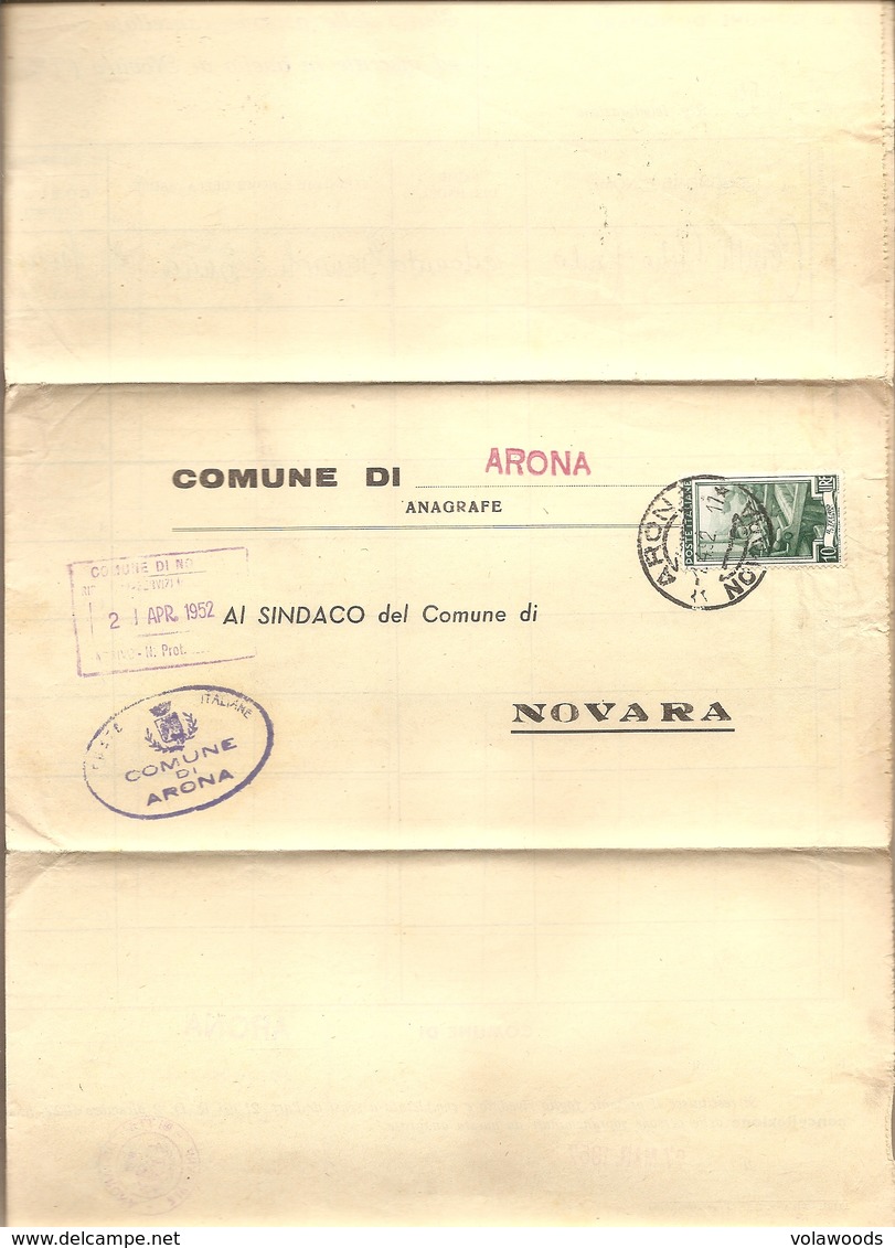 Italia - Dall'ufficio Anagrafe Del Comune Di Novara Al Comune Di Arona (NO) - Completo Di Rispota - 1952 - 1946-60: Marcophilia