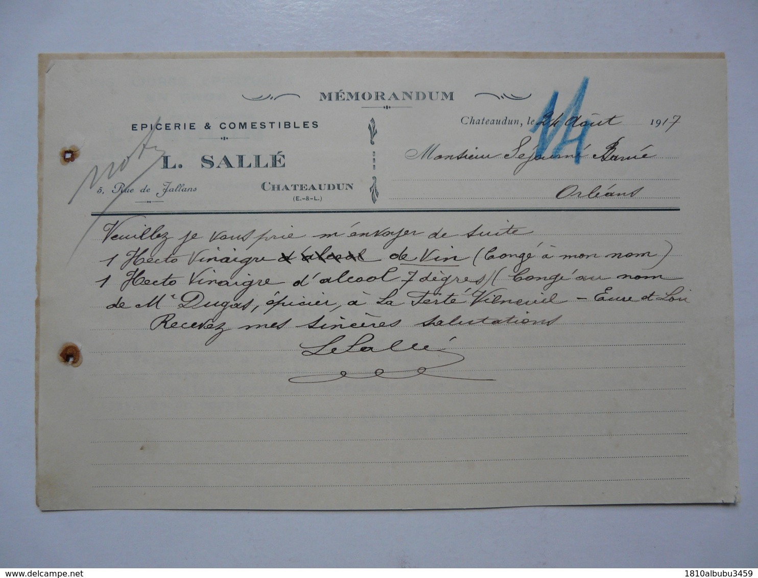 VIEUX PAPIERS - DOCUMENTS COMMERCIAUX : Memorandum - L? SALLE - CHATEAUDUN - 1900 – 1949