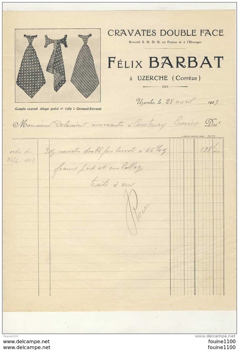 Facture Illustrée Cravates Double Face ( Breveté ) Félix BARBAT à Uzerche ( Corrèze 19 ) 1923 ( Recto Verso ) - Vestiario & Tessile
