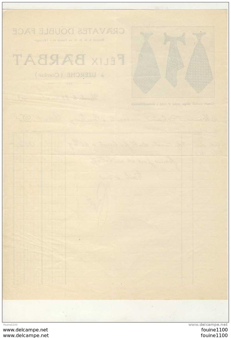 Facture Illustrée Cravates Double Face ( Breveté ) Félix BARBAT à Uzerche ( Corrèze 19 ) 1923 ( Recto Verso ) - Vestiario & Tessile
