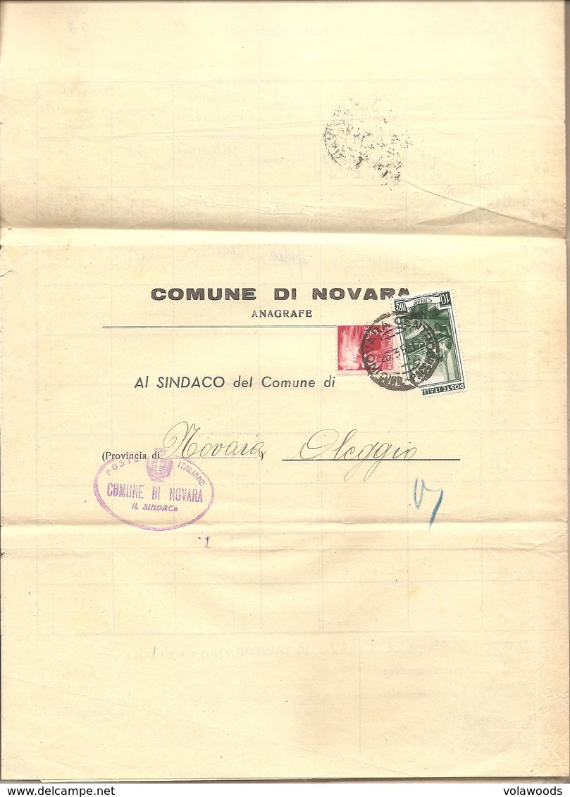 Italia - Dall'ufficio Anagrafe Del Comune Di Novara Al Comune Di Oleggio (NO) Con Risposta - 1952 - 1946-60: Storia Postale