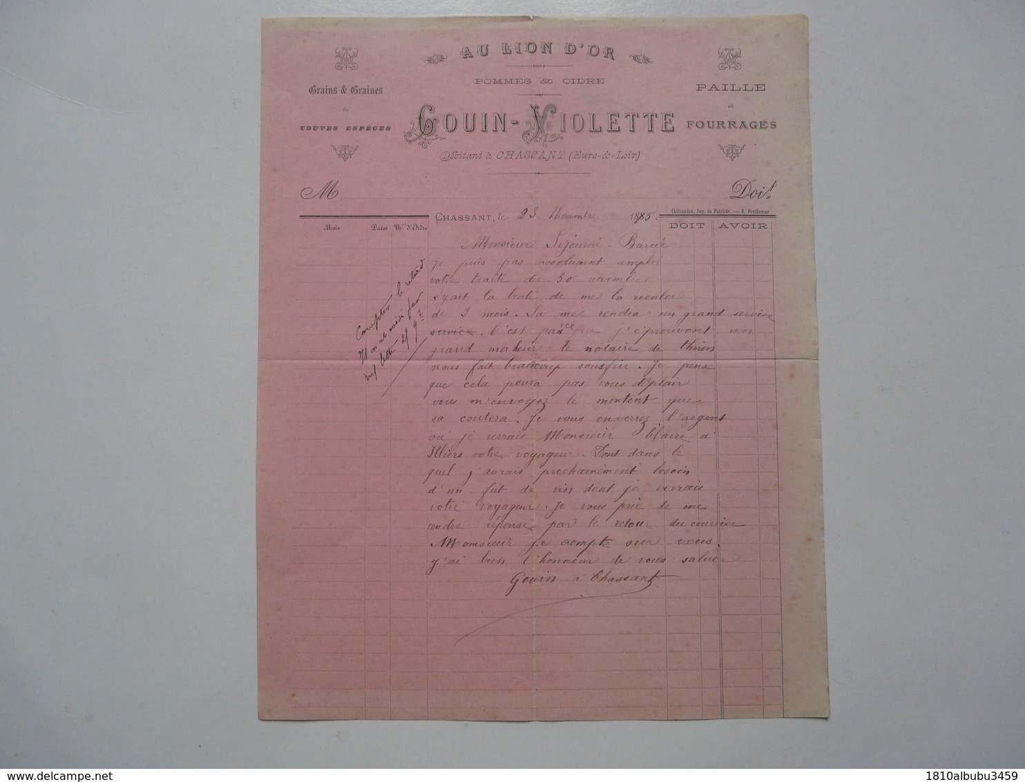 VIEUX PAPIERS - DOCUMENTS COMMERCIAUX : AU LION D'OR - Pommes & Cidre - GOUIN-VIOLETTE - CHASSANT - 1900 – 1949