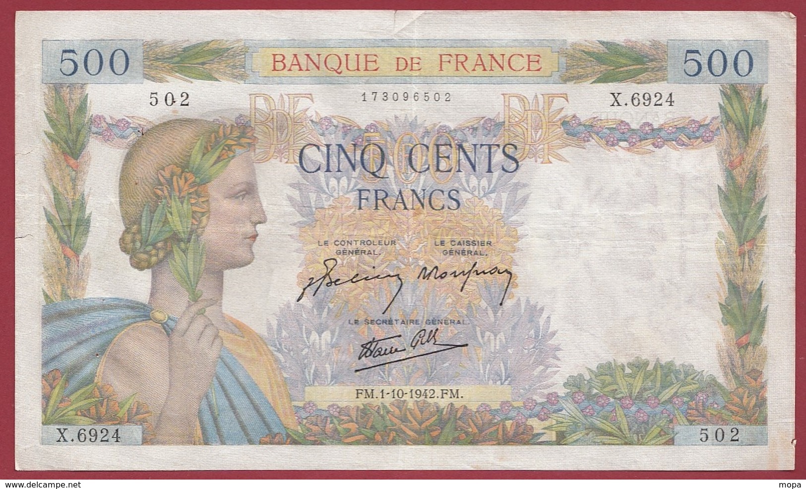 500 Francs "La Paix" Du 01/10/1942.FM ---TB--ALPH .X.6924 - 500 F 1940-1944 ''La Paix''