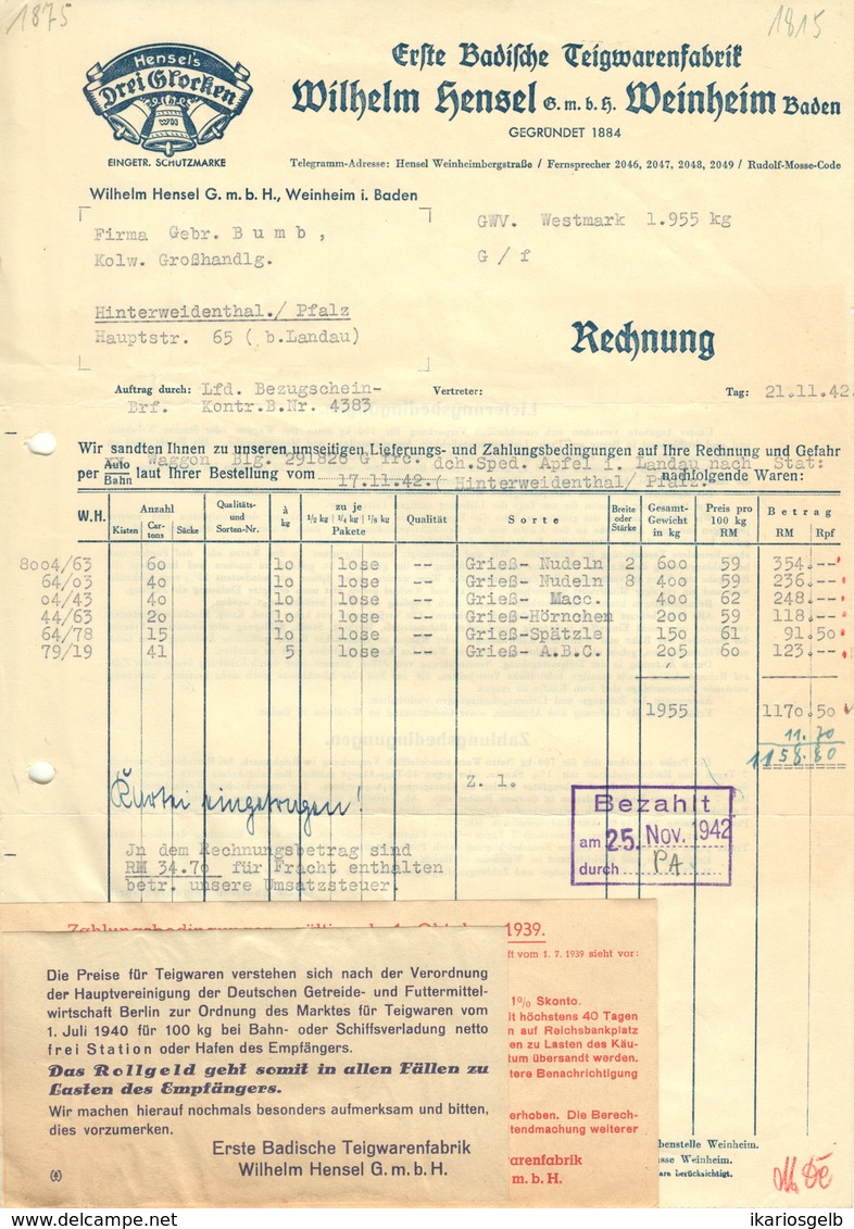 WEINHEIM Rechnung 1942 Deko " Teigwaren Nudeln DREI GLOCKEN Wilhelm Hensel " +2 Aufkleber Kriegsbewirtschaftung - Alimentaire