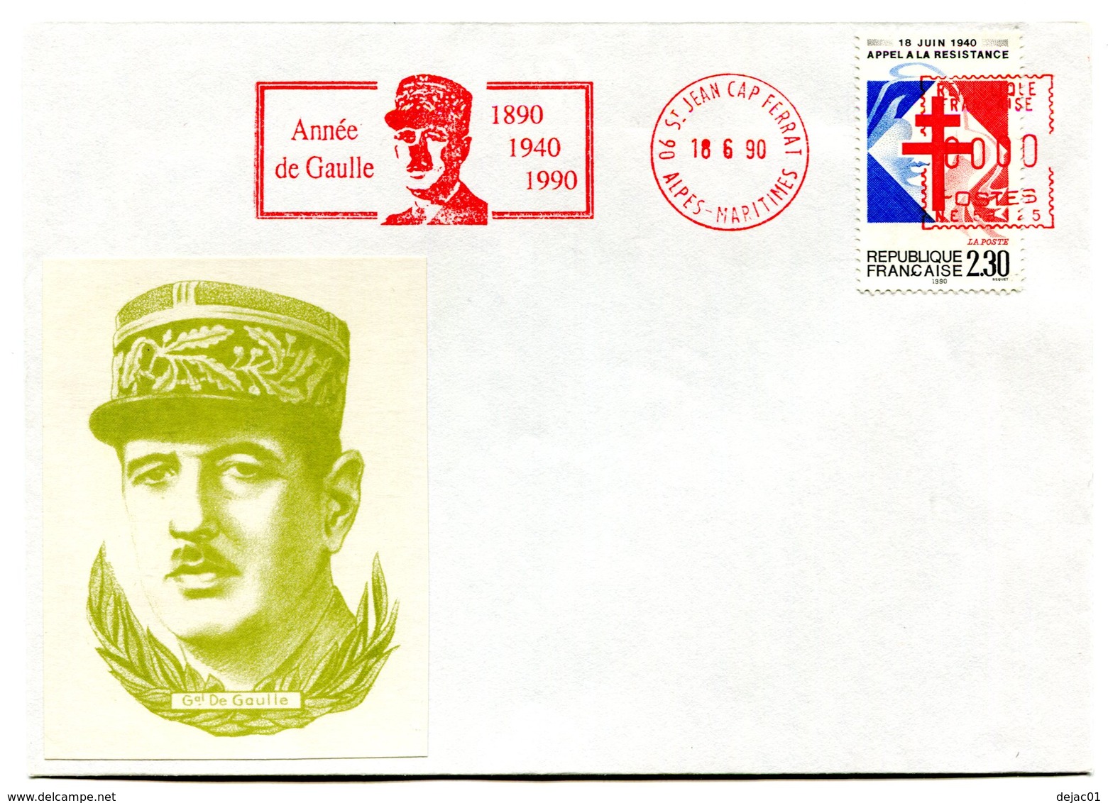 Thème Général De Gaulle - Flamme Mécanique Saint Jean Cap Ferrat - 18 Juin 1990 - R 5813 - De Gaulle (Generale)