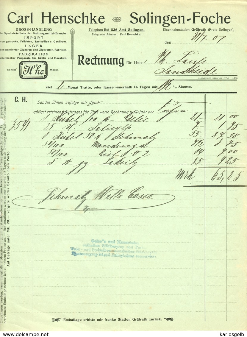 SOLINGEN Foche Rechnung 1907 Deko " Carl Henschke CIGARREN GEWÜRZE SPEISEÖLE " - Alimentos