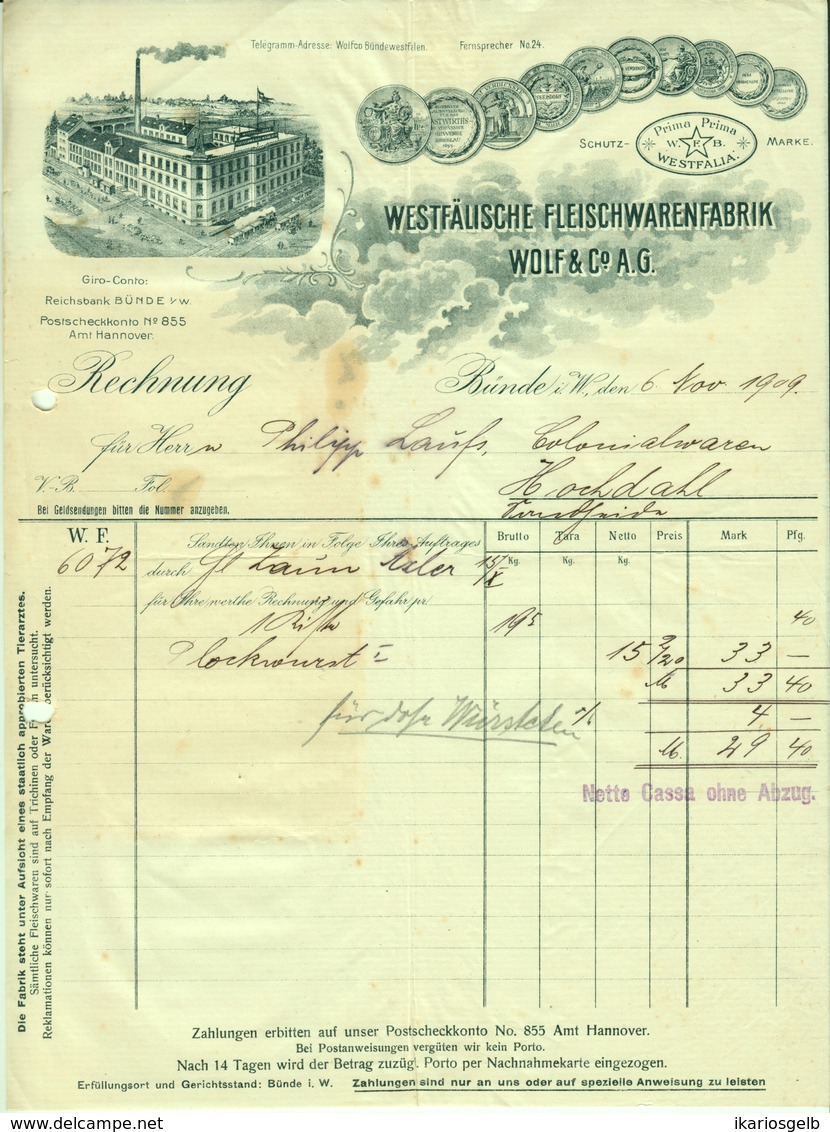 Bünde I W 1909 Besonders Deko " Wolf Westfälische Fleischwarenfabrik AG Aktiengesellschaft " - Food