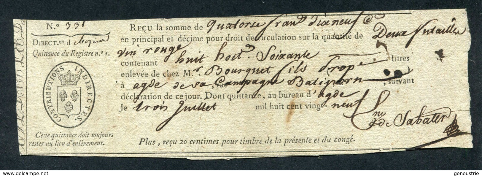 Timbre Fiscal Restauration / Douane - Reçu Des Douanes Ou Octroi Ville De Agde 1829 - Hérault - 1800 – 1899