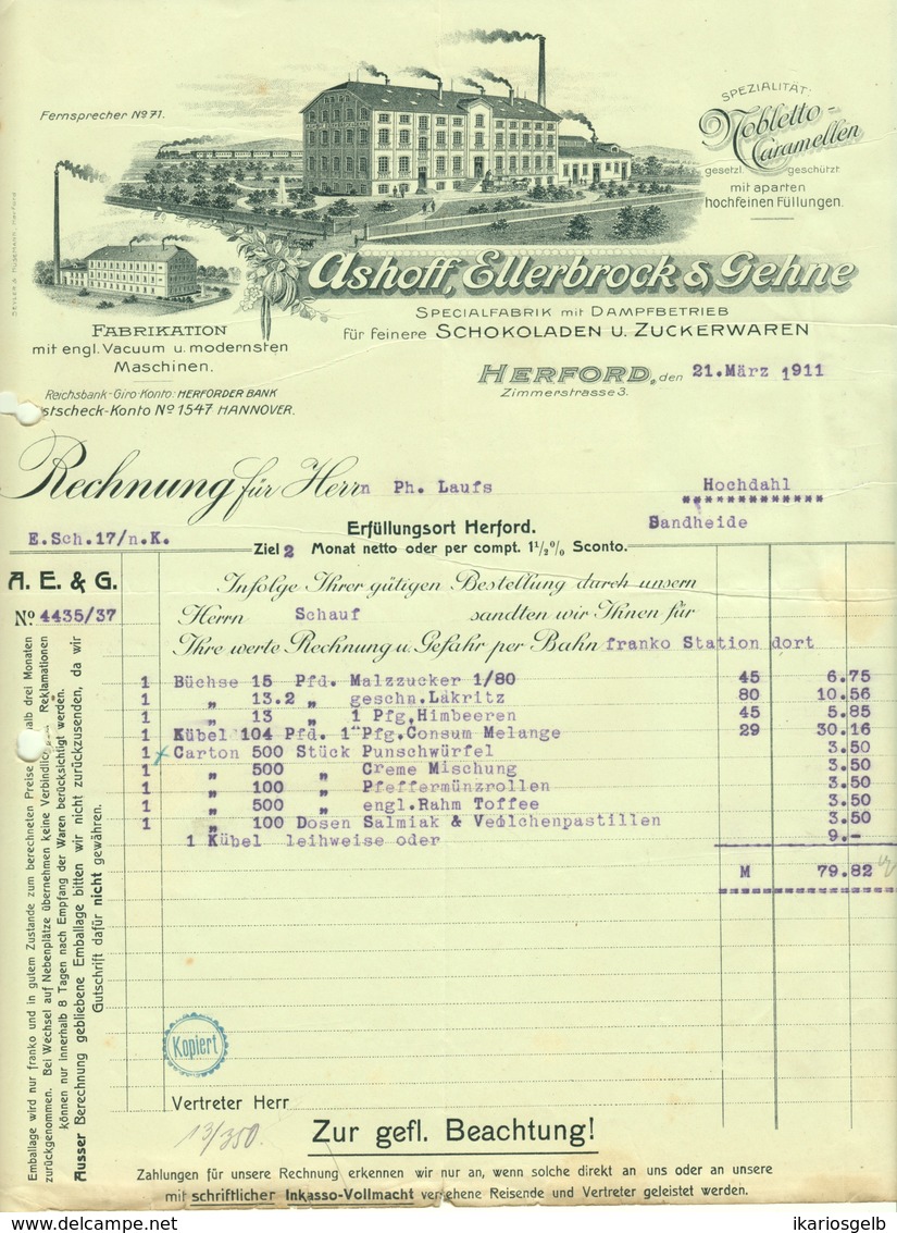 HERFORD I W 1911 Besonders Deko " Ashoff,Ellerbrock & Gehne Fabrik Schokoladen & Zuckerwaren " - Alimentaire