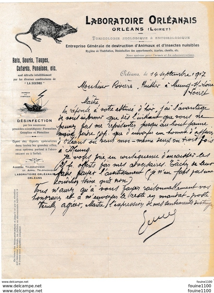 Facture Illustrée Laboratoire Orléanais à Orléans Entreprise De Destruction D' Animaux Et Insectes Nuisibles ( Rats ) - 1900 – 1949