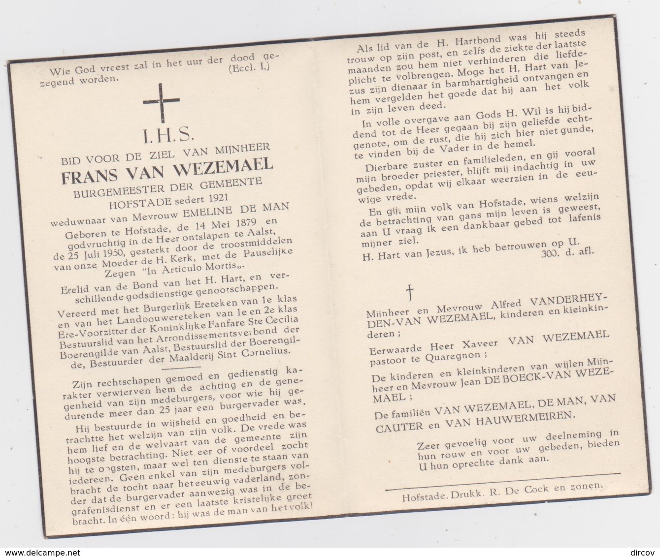 Gedachtenisprentje Van Frans Van Wezemael, Burgemeester Van Hofstade-bij-Aalst Van 1921 Tot 1950 - Religion & Esotérisme