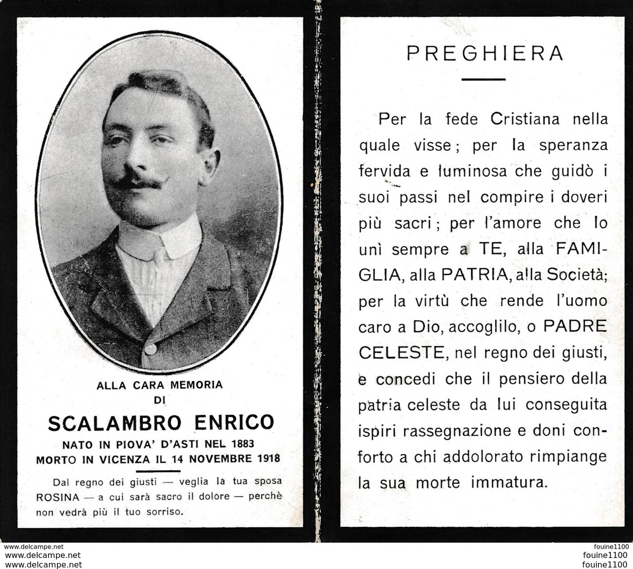 Image Religieuse De Décés Alla Cara Memoria Di SCALAMBRO ENRICO Nato In Piova D'asti Nel 1883 Morto In Vicenza - Images Religieuses
