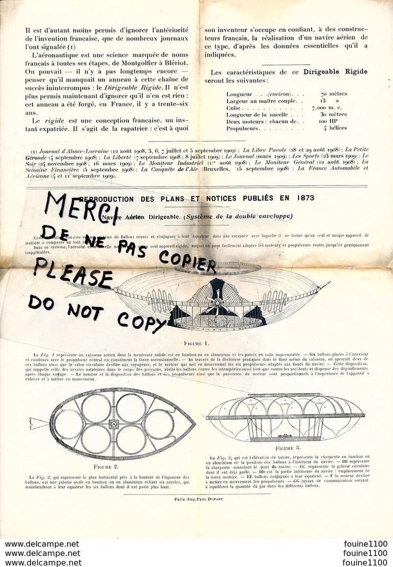 Grande Page EXPOSITION INTERNATIONALE DE LOCOMOTION AERIENNE PARIS 1909 DIRIGEABLE RIGIDE SYSTEME SPIESS Au Dos Plan - Machines