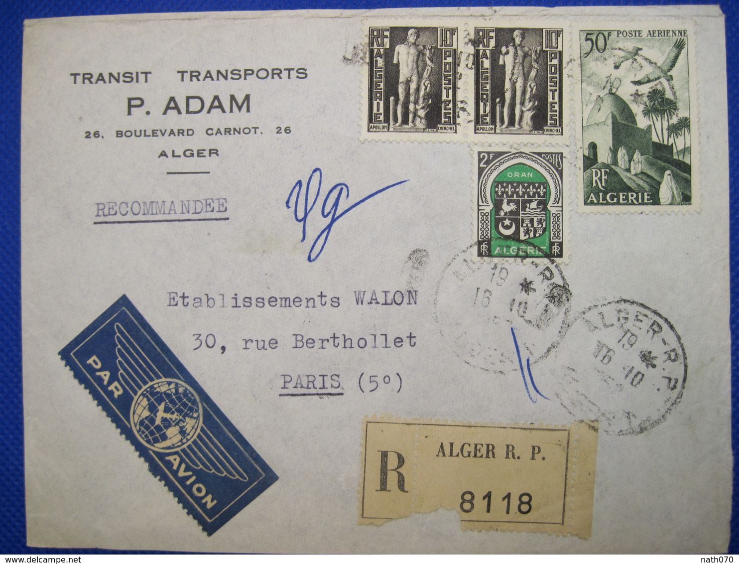 France 1952 ALGERIE  Lettre Enveloppe Cover Colonies Poste Aerienne 50f Recommandé Paire 10f X 2 ORAN - Cartas & Documentos