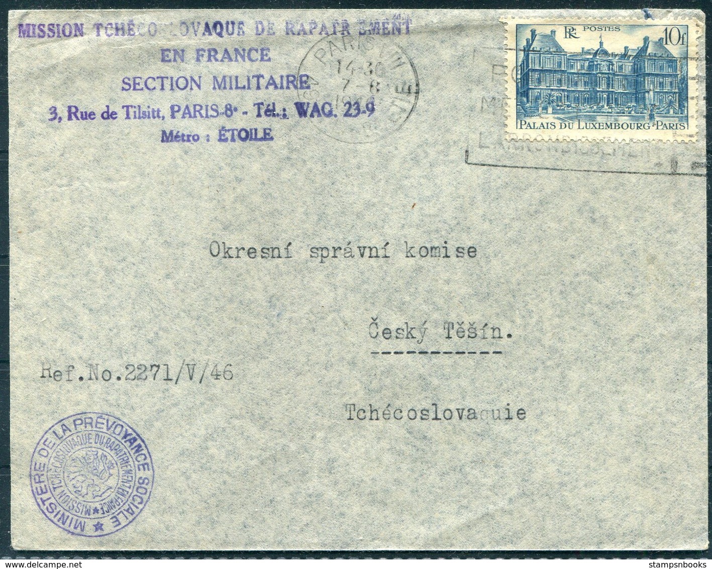 1946 France Paris Czechoslovakia Repatriation Mission, Military Section Cover - Okresní Správní Komise, Český Těšín - Cartas & Documentos
