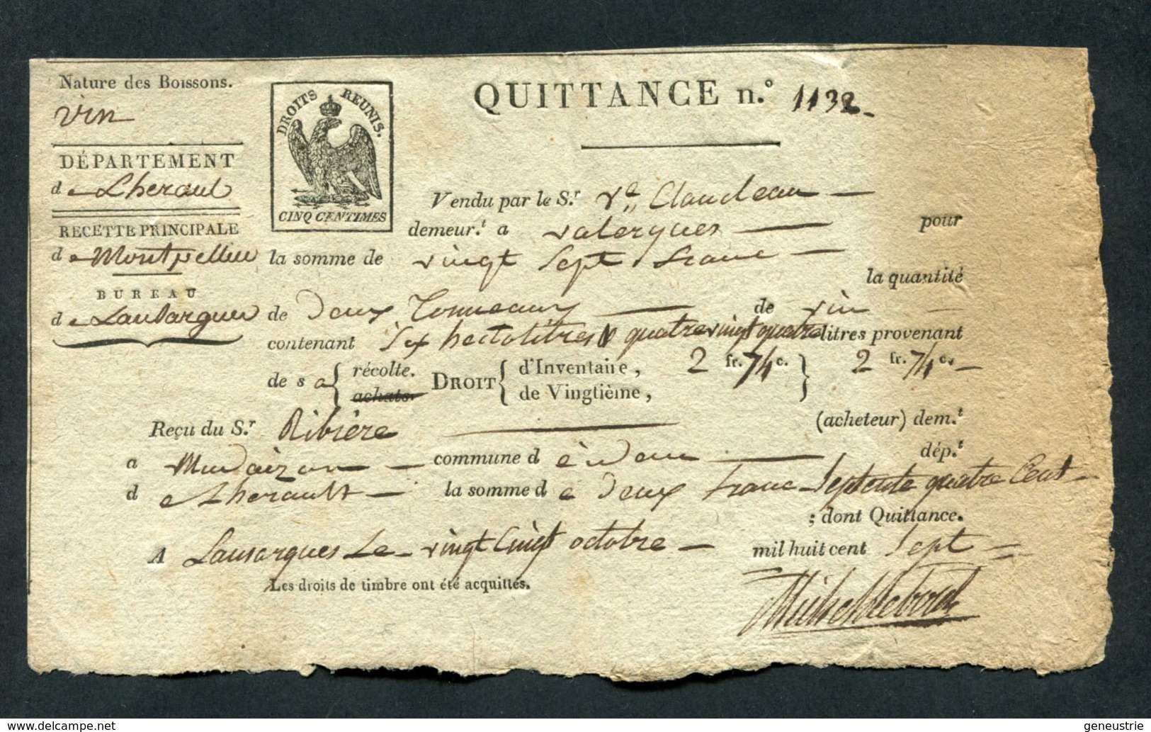 Timbre Fiscal 1er Empire - Document Début XIXe "Acquit De 27 Frs -1807 - Bureau De Lansargues - Recette De Montpellier - Trasporti