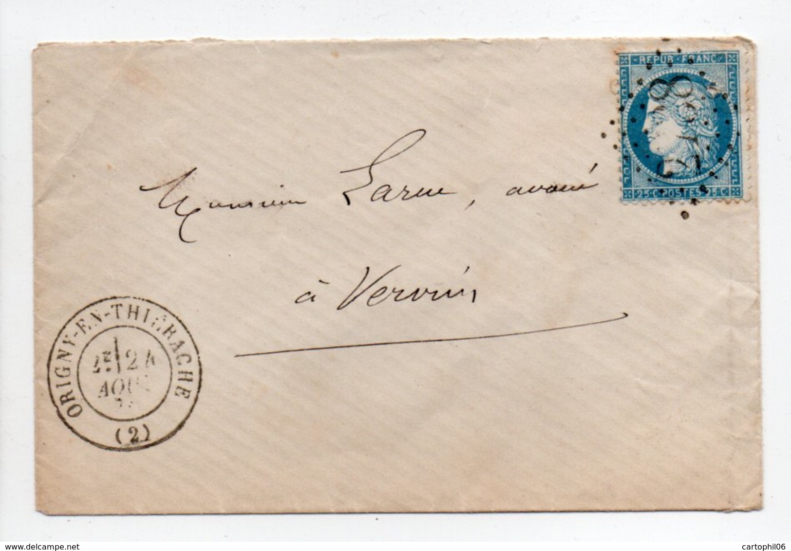 - Lettre ORIGNY-EN-THIÉRACHE Pour VERVINS (Aisne) 24 AOUT 1874 - 25 C. Bleu Cérès Oblitéré Losange GC 2738 - - 1849-1876: Periodo Classico