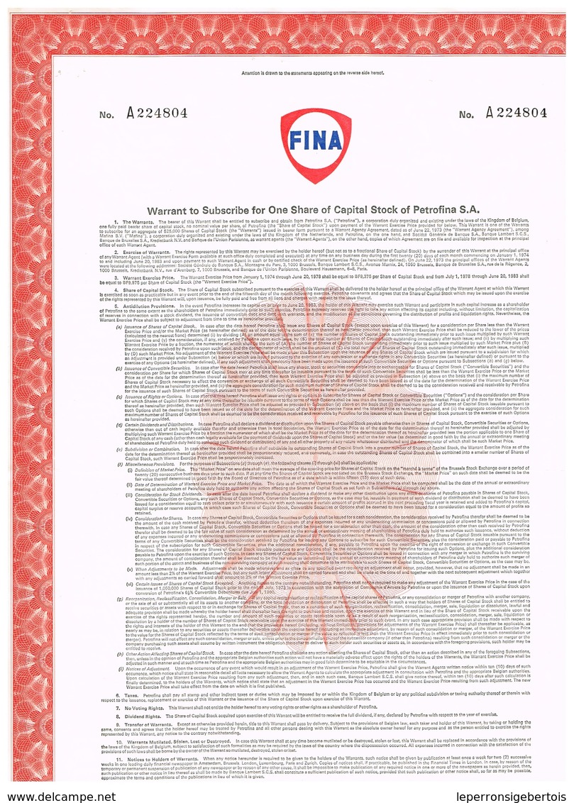 Titre Ancien - FINA  - Warrant Permettant De Souscrire à Des Actions Petrofina - Erdöl