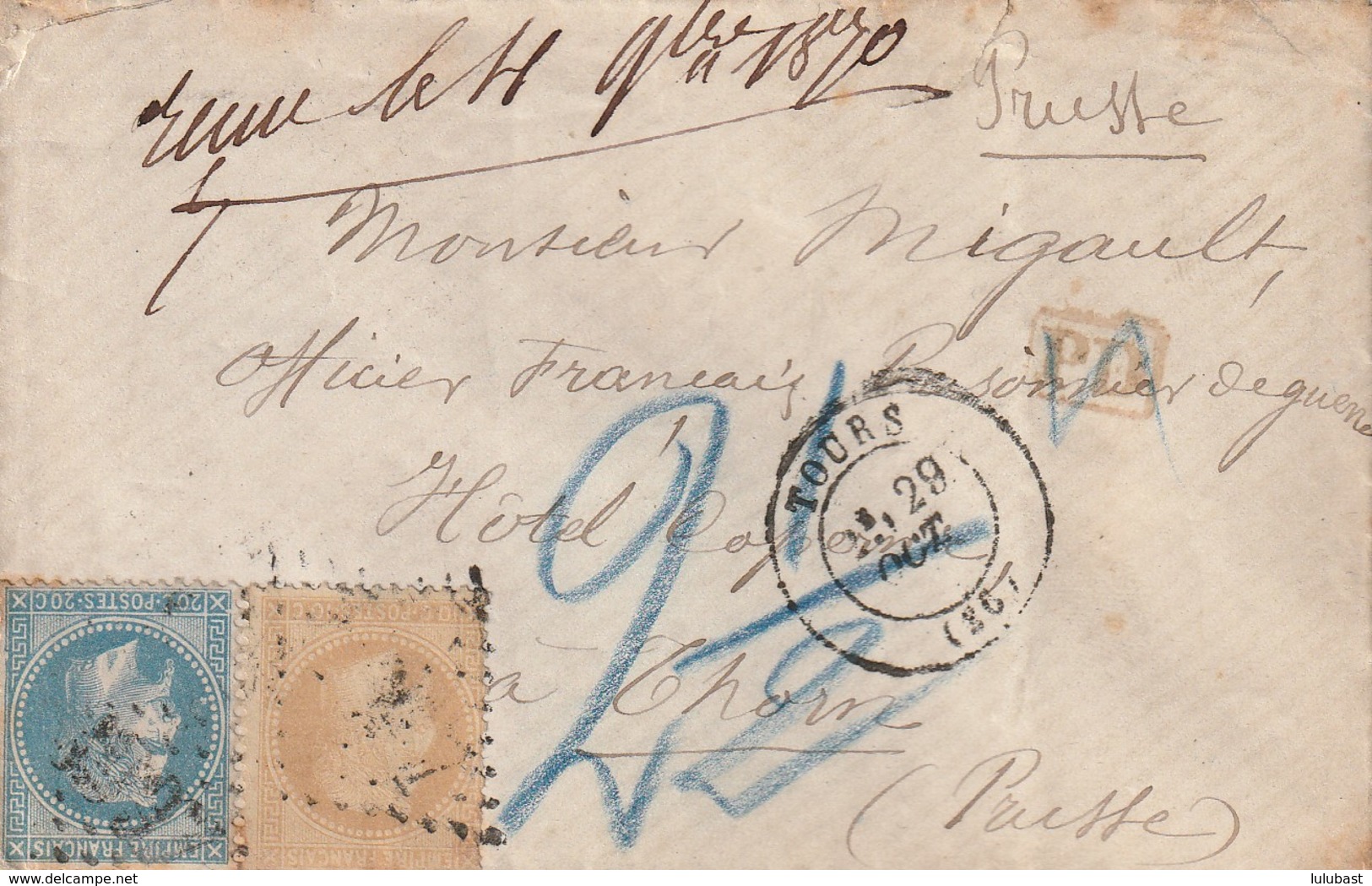 Lettre De TOURS (36) Pour Un Officier Français Prisonnier à THORN (Prusse) -Afft. 28+29 + Taxe Bleue 2 1/2 D'occupation - Guerre De 1870