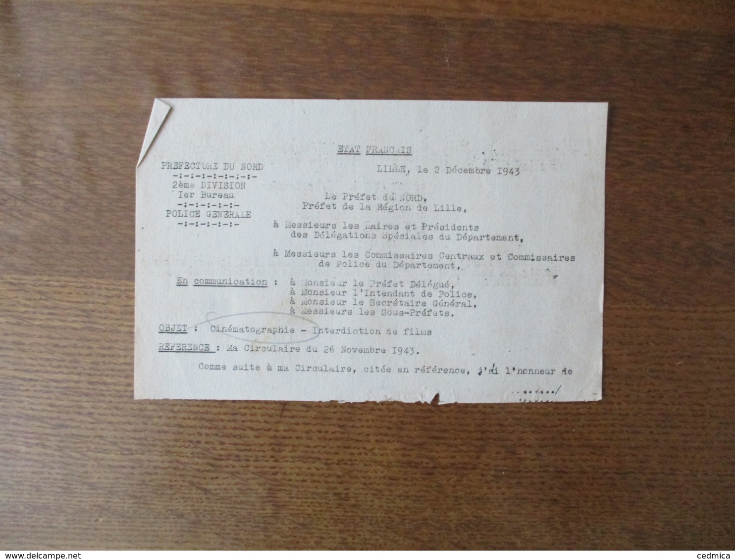 ETAT FRANCAIS LILLE LE 2 DECEMBRE 1943 LE PREFET F.CARLES OBJET CINEMATOGRAPHIE-INTERDICTION DE FILMS ACCORDS AUTORITES - Historische Dokumente