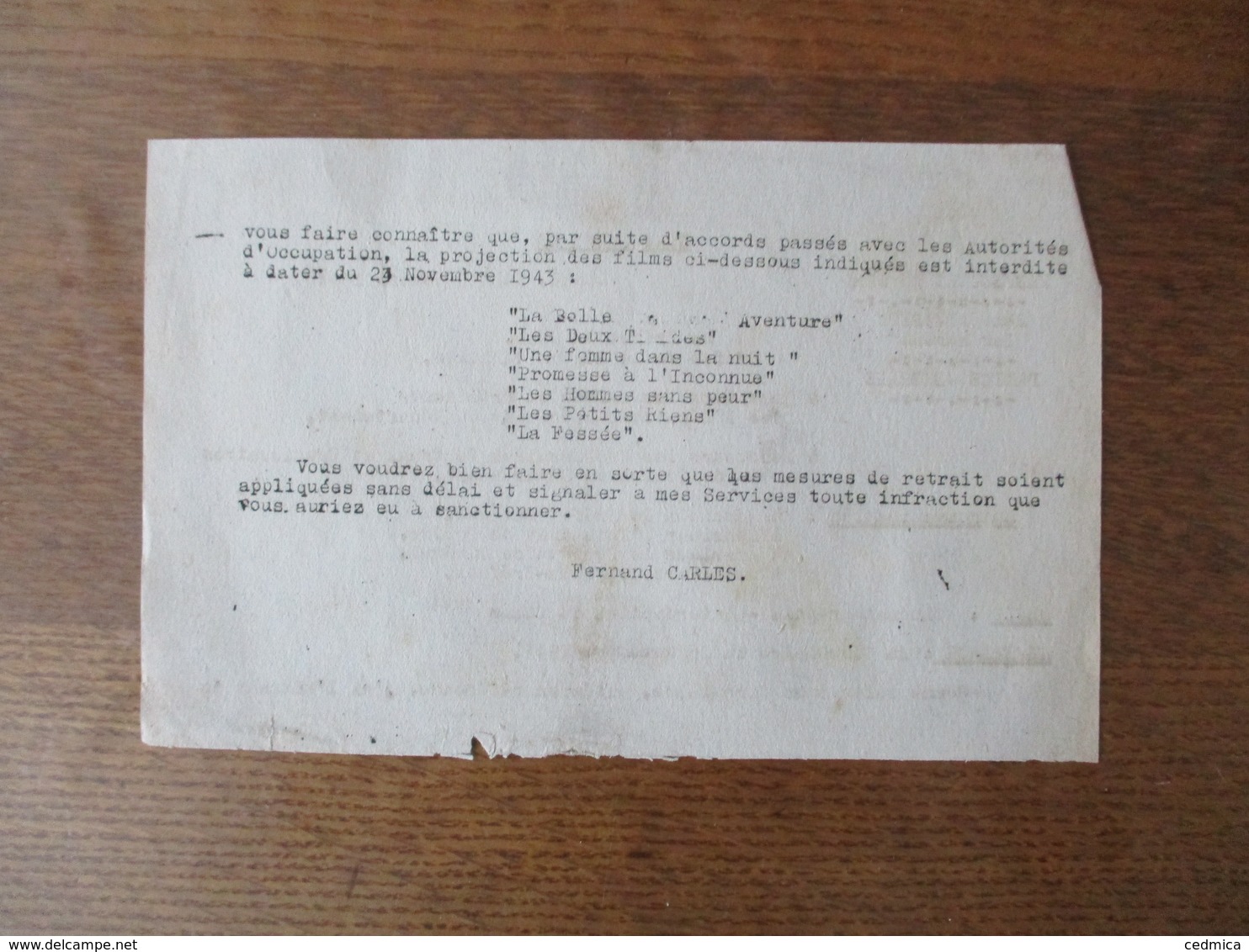 ETAT FRANCAIS LILLE LE 2 DECEMBRE 1943 LE PREFET F.CARLES OBJET CINEMATOGRAPHIE-INTERDICTION DE FILMS ACCORDS AUTORITES - Historische Dokumente