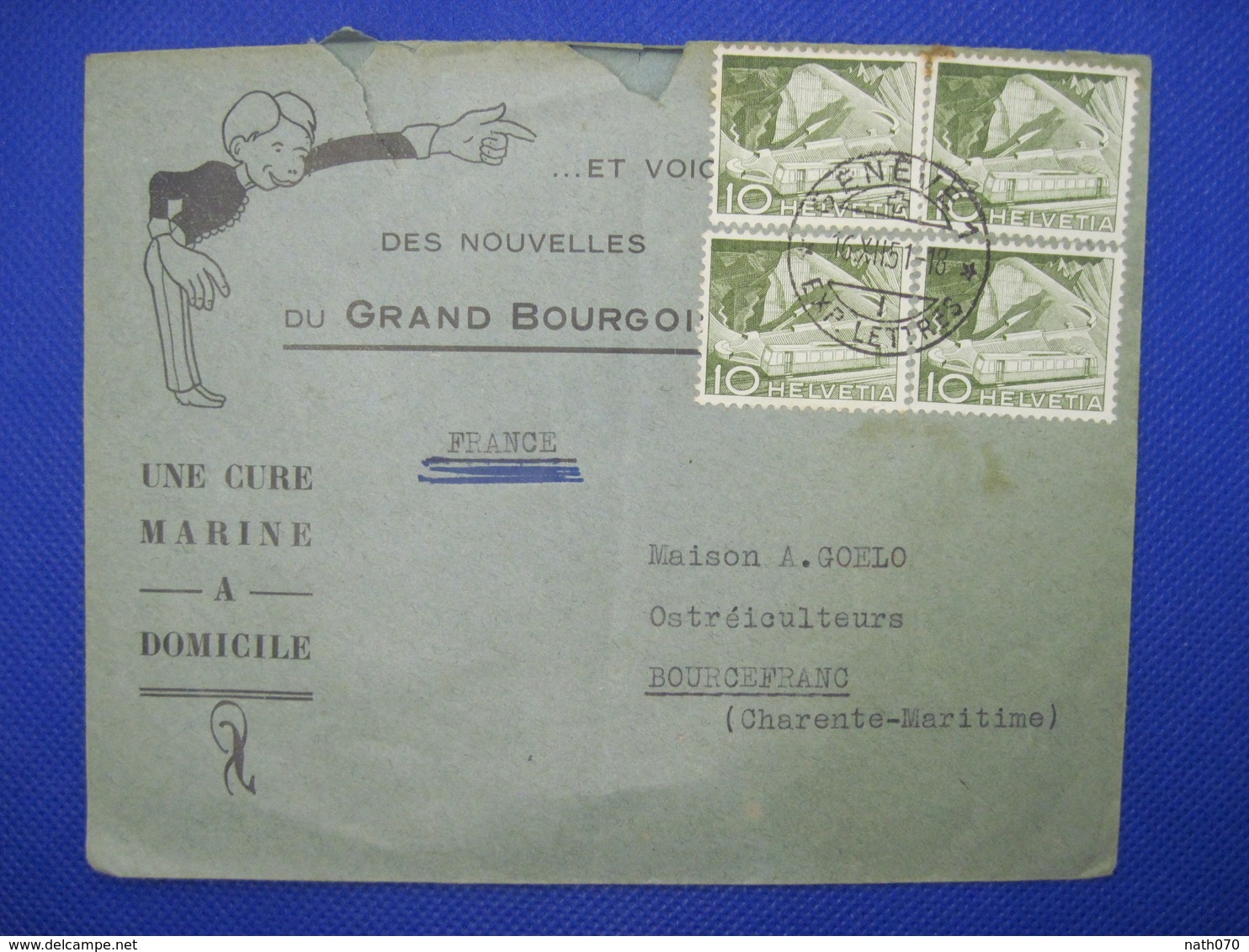 SUISSE 1951 FRANCE BOURCEFRANC Charente  Lettre Enveloppe Cover 4 X 10 Helvetia - Marcophilie