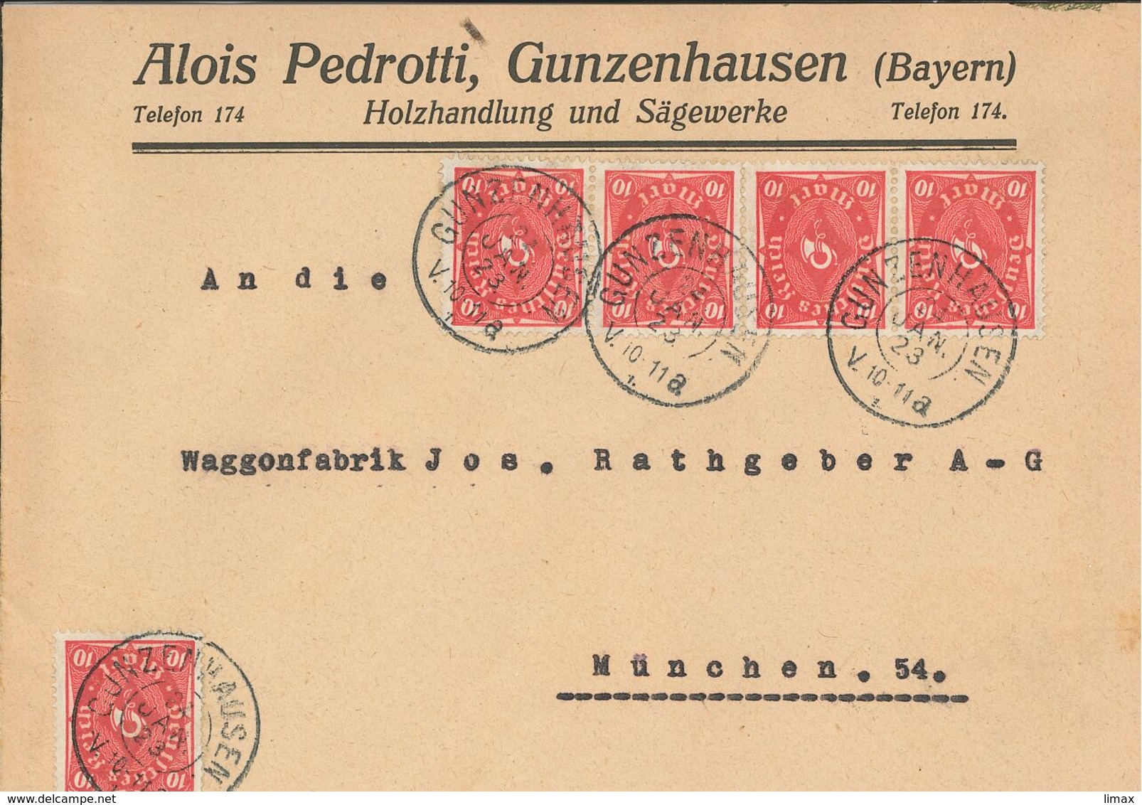 Gunzenhausen 24.1.1923 - Alois Pedrotti Holzhandlung - 50 Mark - Storia Postale