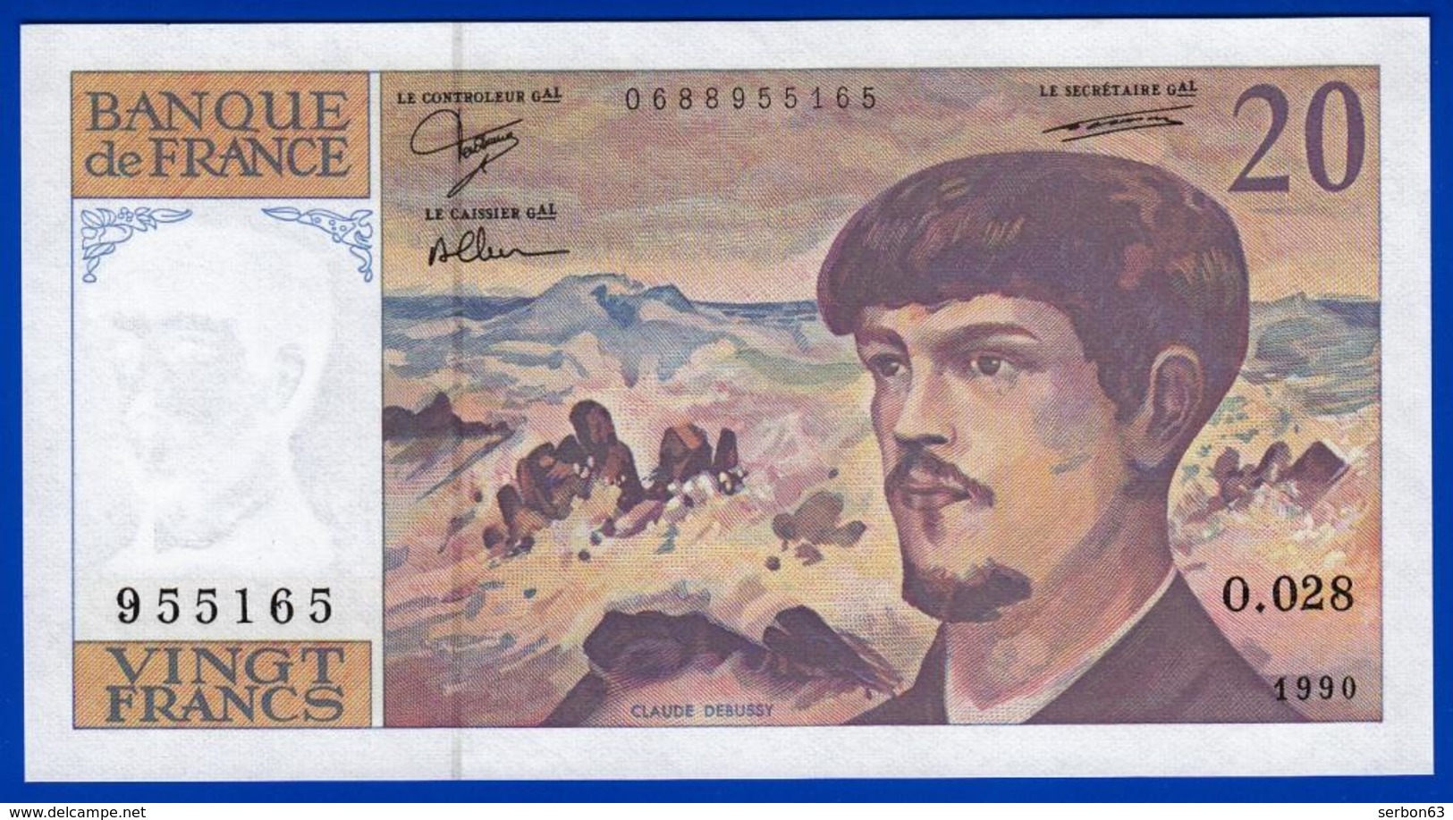 20 FRANCS DEBUSSY NEUF PAS DE TROU O.028 N° 955165 ANNÉE 1990 - 2 SCAN - Serbon63 - 20 F 1980-1997 ''Debussy''