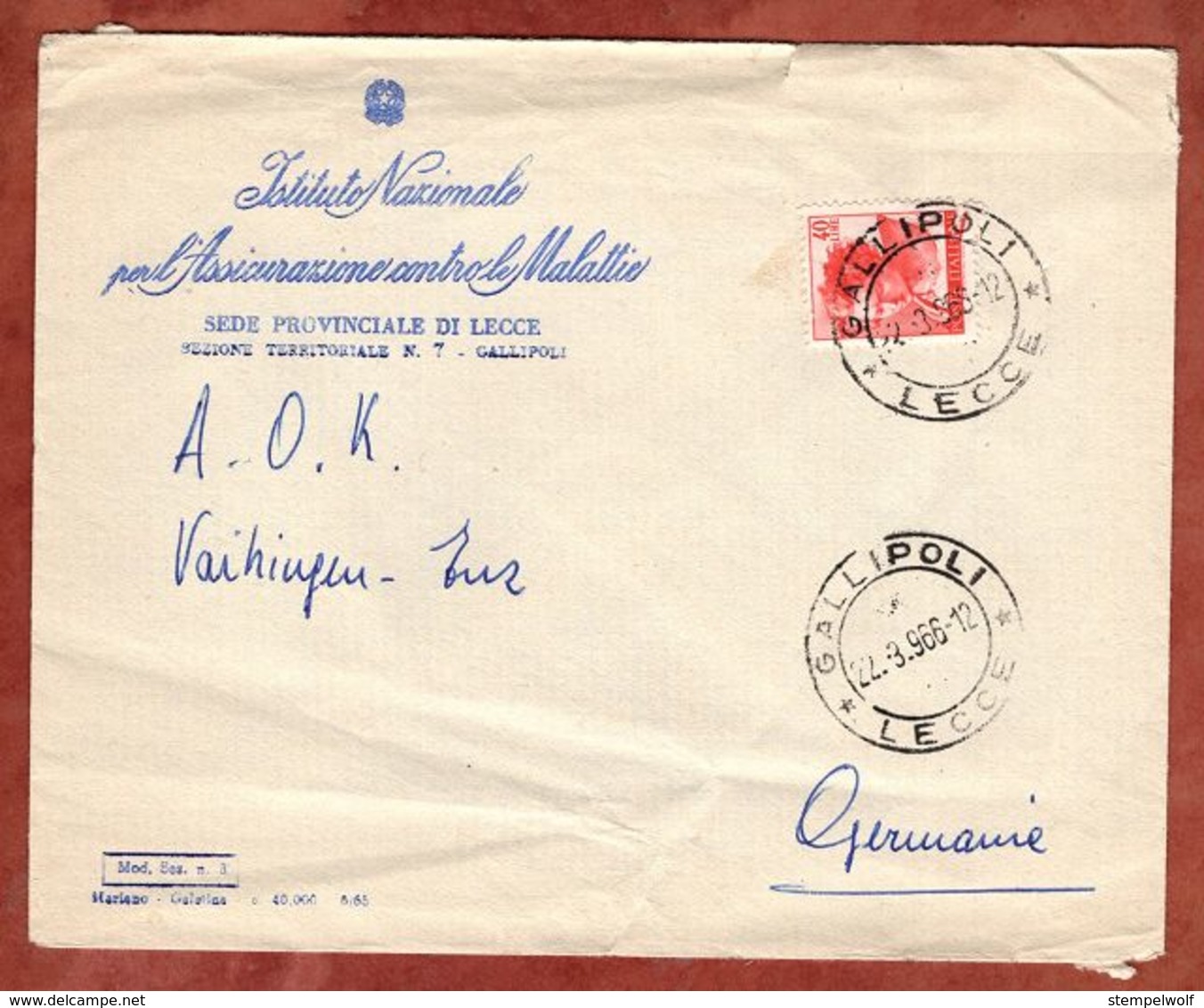 Vordruckbrief, EF, Gallipoli Nach Vaihingen 1966 (92112) - 1961-70: Poststempel