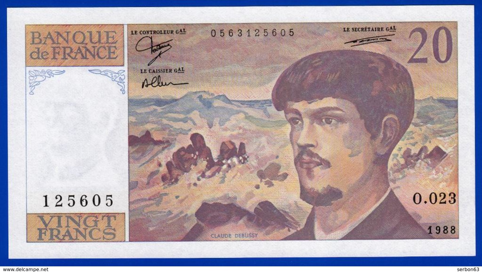 20 FRANCS DEBUSSY NEUF PAS DE TROU O.023 N° 125605 ANNÉE 1988 - 2 SCAN - Serbon63 - 20 F 1980-1997 ''Debussy''