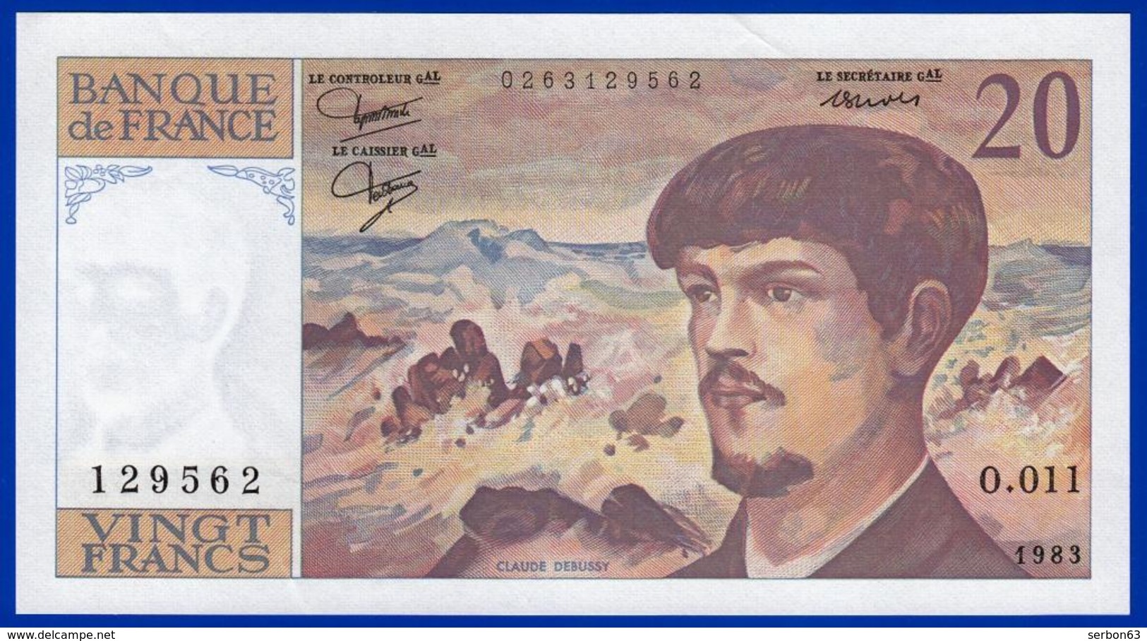 20 FRANCS DEBUSSY NEUF PAS DE TROU O.011 N° 129562 ANNÉE 1983 - 2 SCAN - Serbon63 - 20 F 1980-1997 ''Debussy''