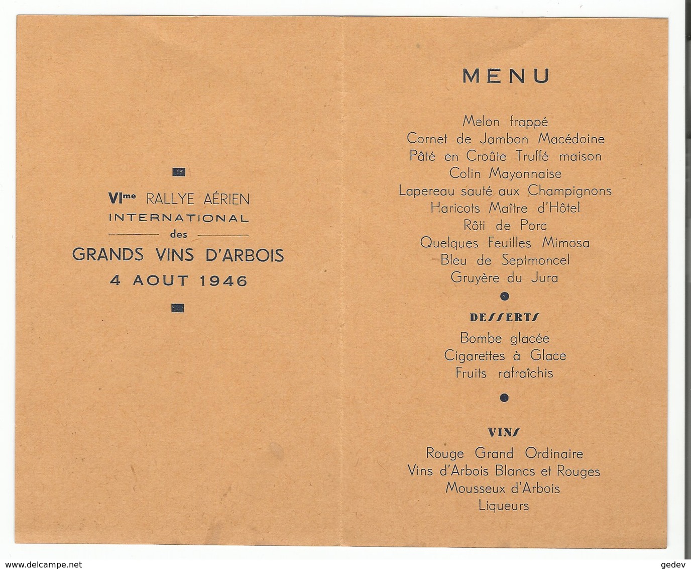 France 39 VIme Rallye Aérien Des Grands Vins D'Arbois 1946, Menu Restaurant De Paris H. Rodot Prop. Arbois, Format 14x17 - Reclame