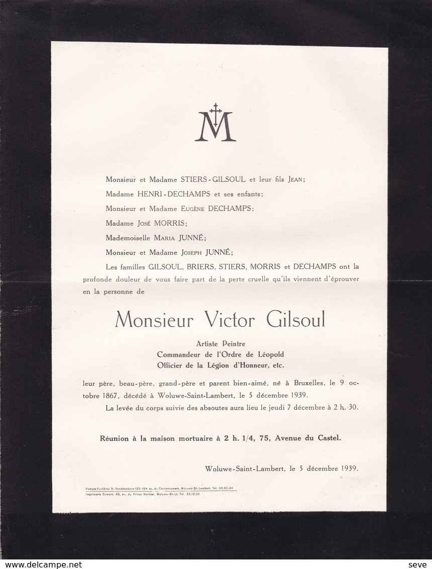 BRUXELLES WOLUWE-SAINT-LAMBERT Artiste Peintre Victor GILSOUL 1867-1939 Famille STIERS MORRIS BRIERS DECHAMPS - Décès