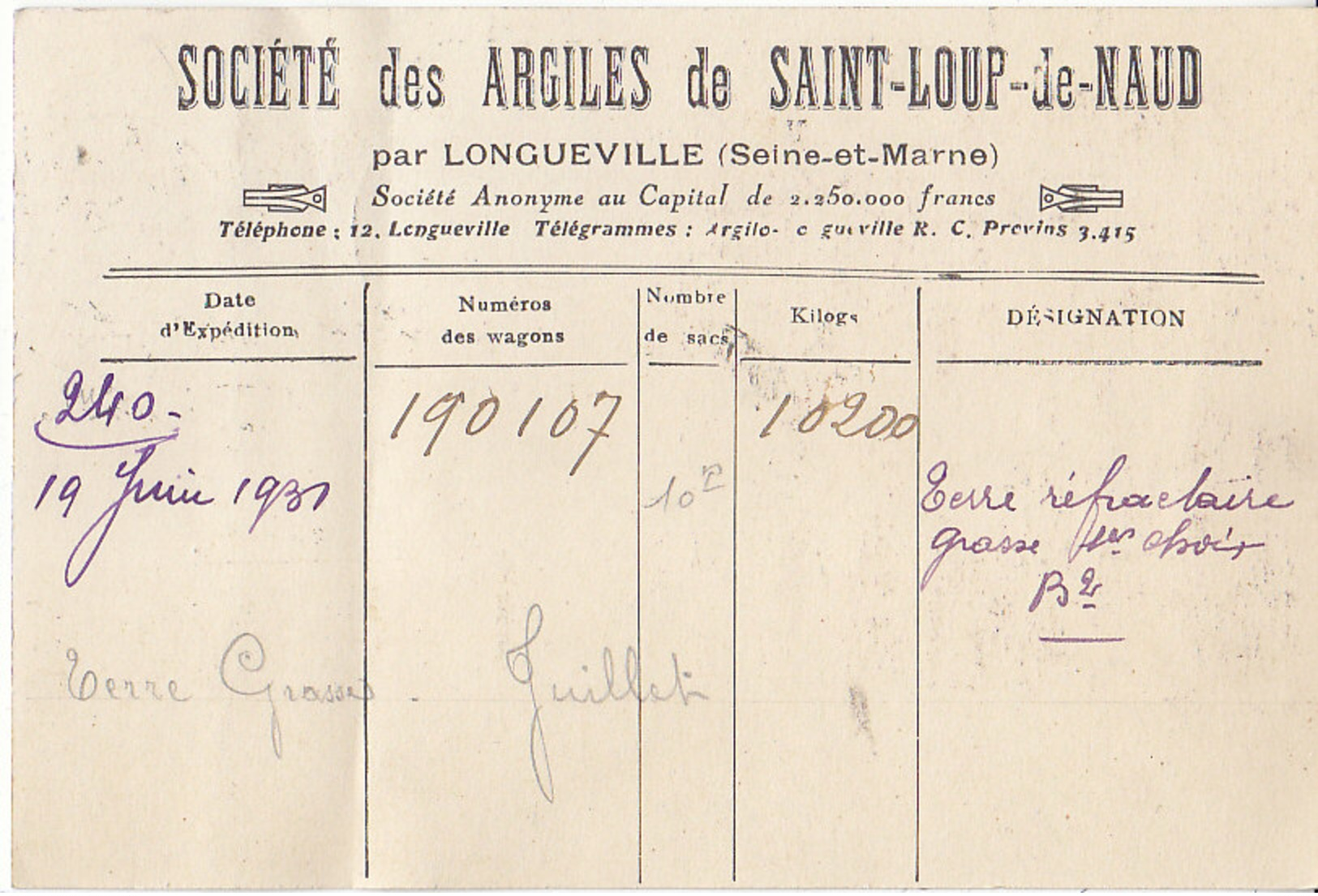 Argiles De Saint-Loup-de-Naud Par Longueville ,le Hangar De Classement ,1931 , 2 Scans - Autres & Non Classés