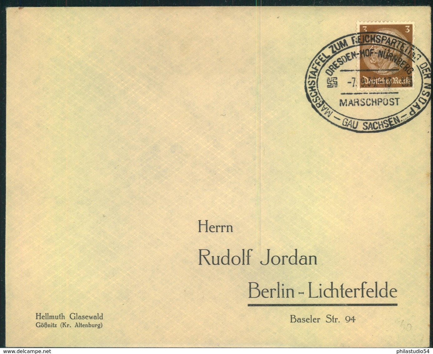 1936, "MARSCHSTAFFEL ZUM REICHSPARTEITEG / DRESDEN-HOF-NÜRNBERG - Maschinenstempel (EMA)