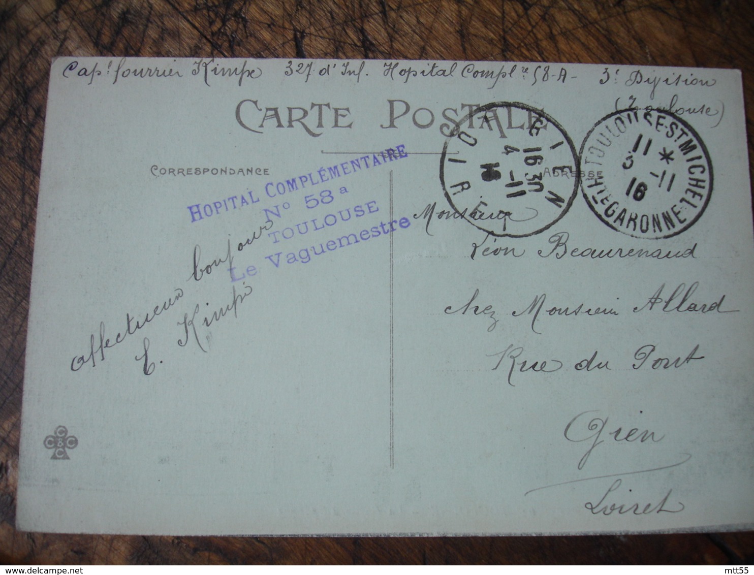 Toilouse Hopital Complementaire 58 A   Cachet Franchise Postale Guerre 14.18 - Oorlog 1914-18